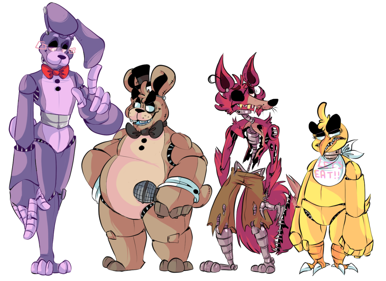 Foxy, Toy Chica, Mangle, Toy Bonnie, Old Freddy, Bonnie. 